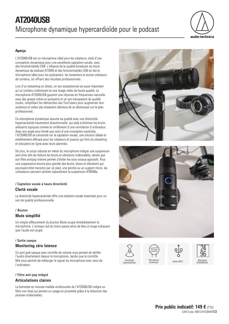 Page n°1 - Manuel utilisateur Audio-Technica AT2040USB