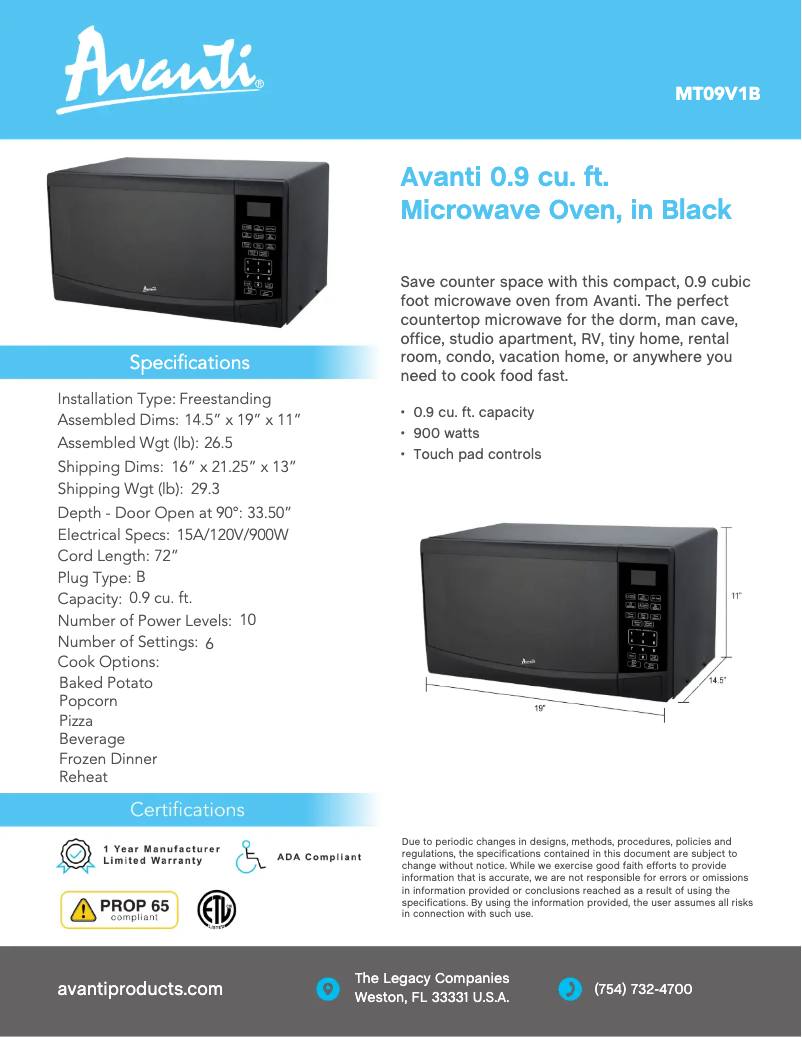 Page 1 de la notice Fiche technique Avanti MT09V1B