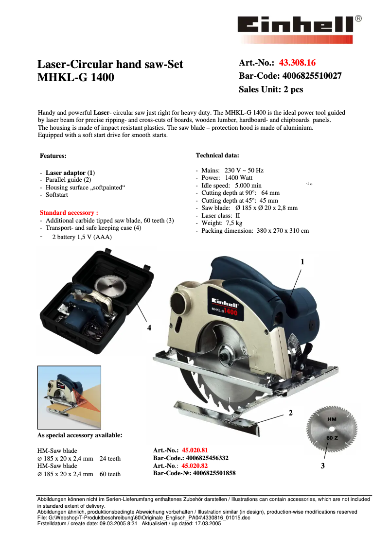 Page n°1 - Fiche technique Einhell MHKL-G 1400