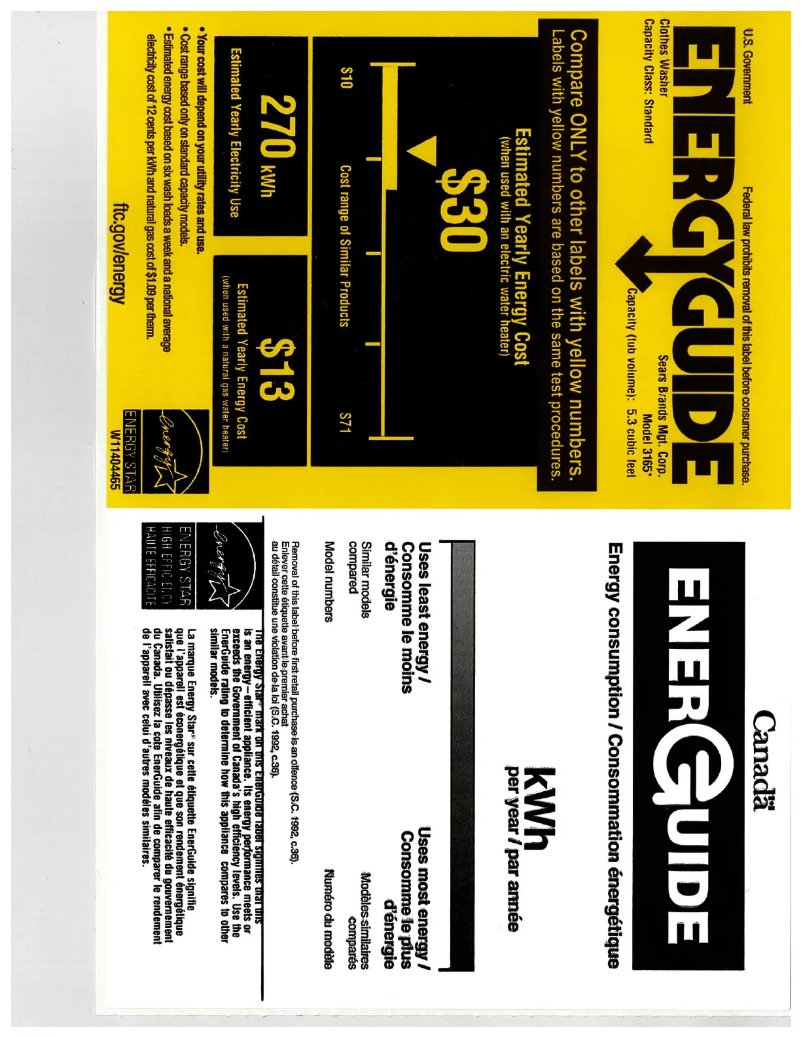 Page 1 de la notice Label énergétique Kenmore 31652
