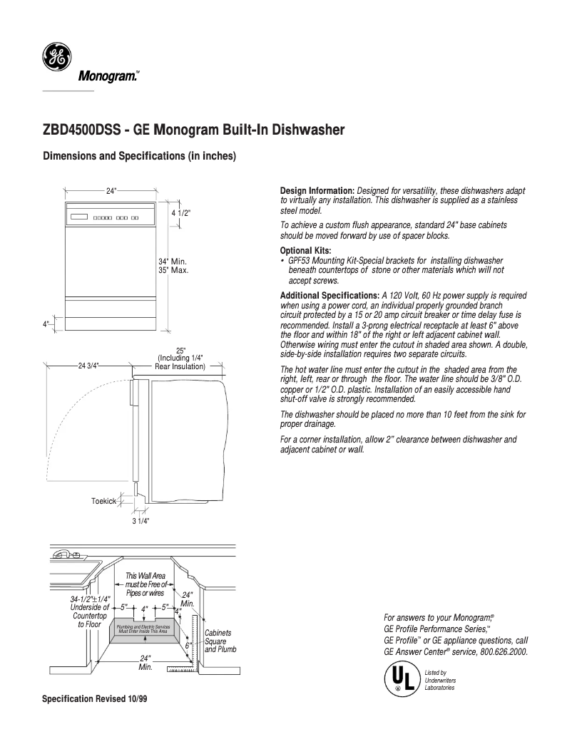 Page 1 de la notice Fiche technique GE ZBD4500DSS
