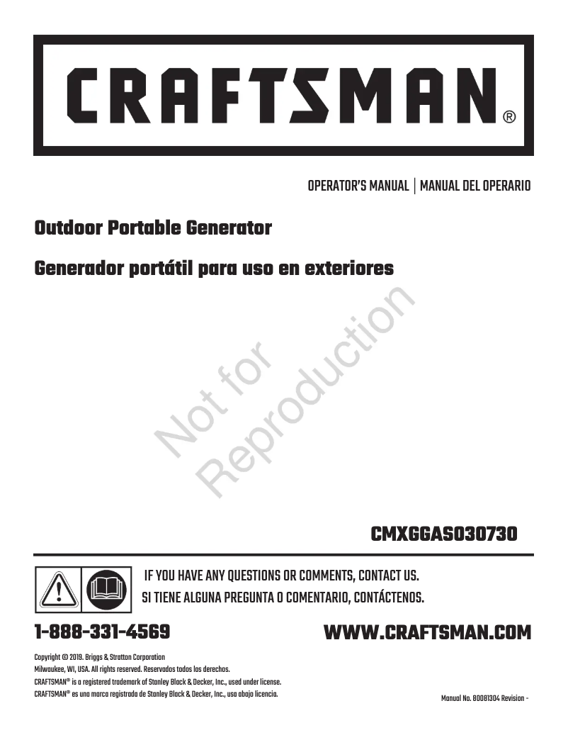 Page n°1 - Manuel utilisateur Craftsman CMXGGAS030730