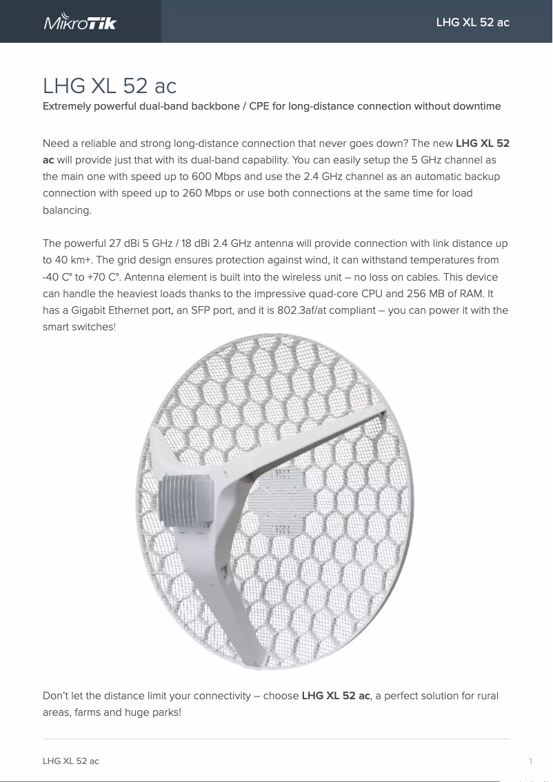 Page 1 de la notice Brochure Mikrotik LHG XL 52 ac