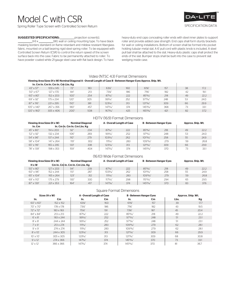 Page 1 de la notice Brochure Da-Lite Model C