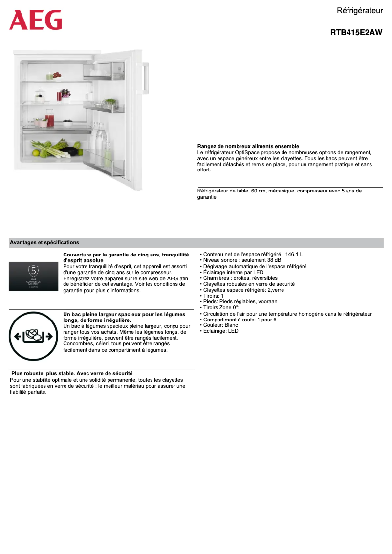 Page 1 de la notice Fiche technique AEG RTB415E2AW
