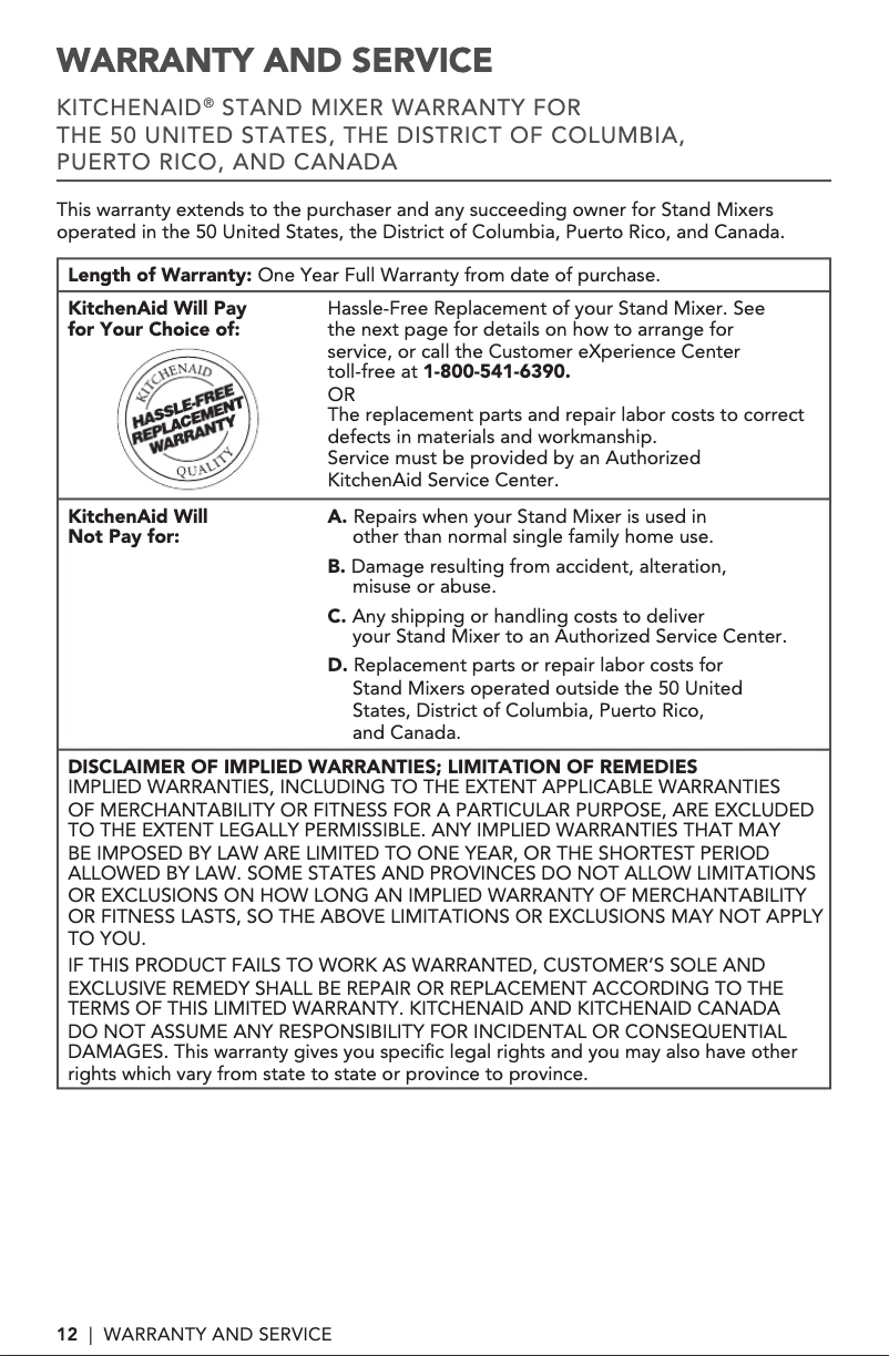 Página 1 del manual Información de garantía KitchenAid KF26M1QBX