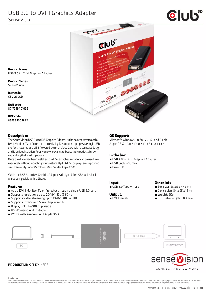 Page 1 de la notice Manuel utilisateur CLUB3D SenseVision USB3.0 to DVI-I Graphics Adapter