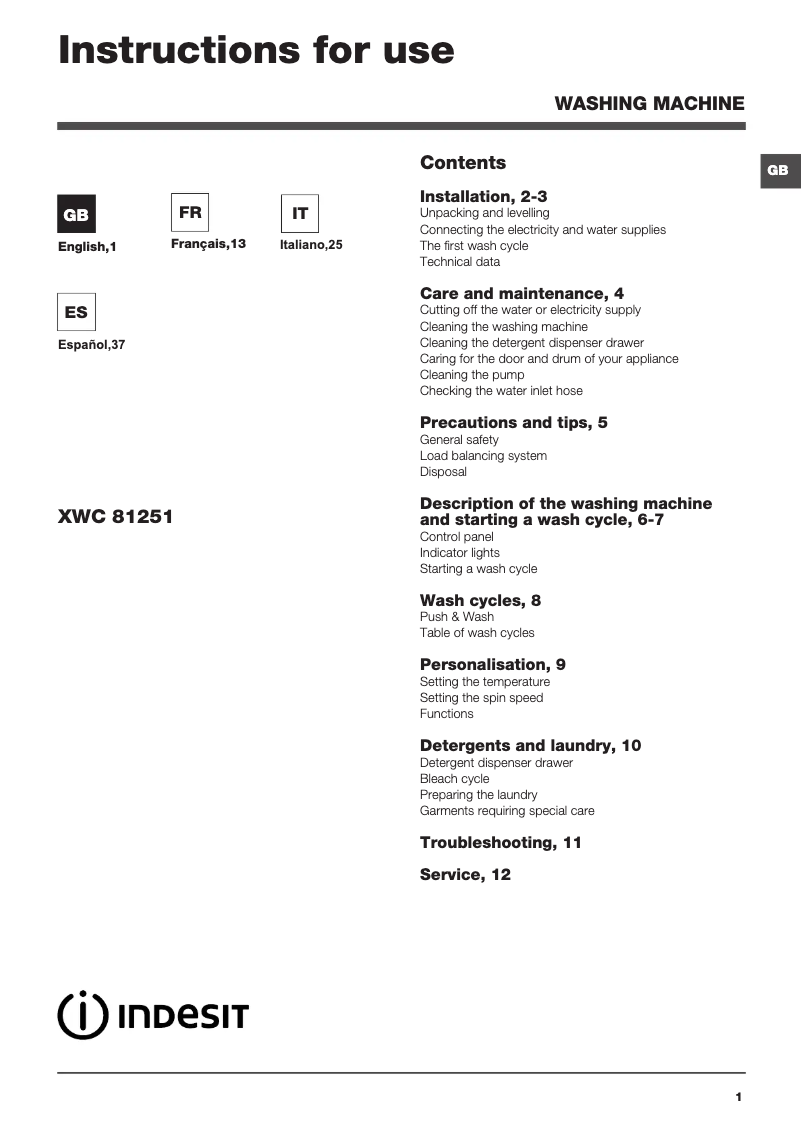 Image de la première page du manuel de l'appareil XWC 81251