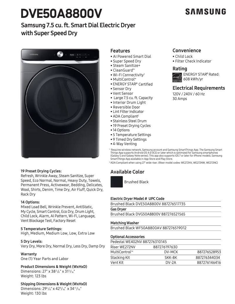 Page 1 de la notice Fiche technique Samsung DVE50A8800V