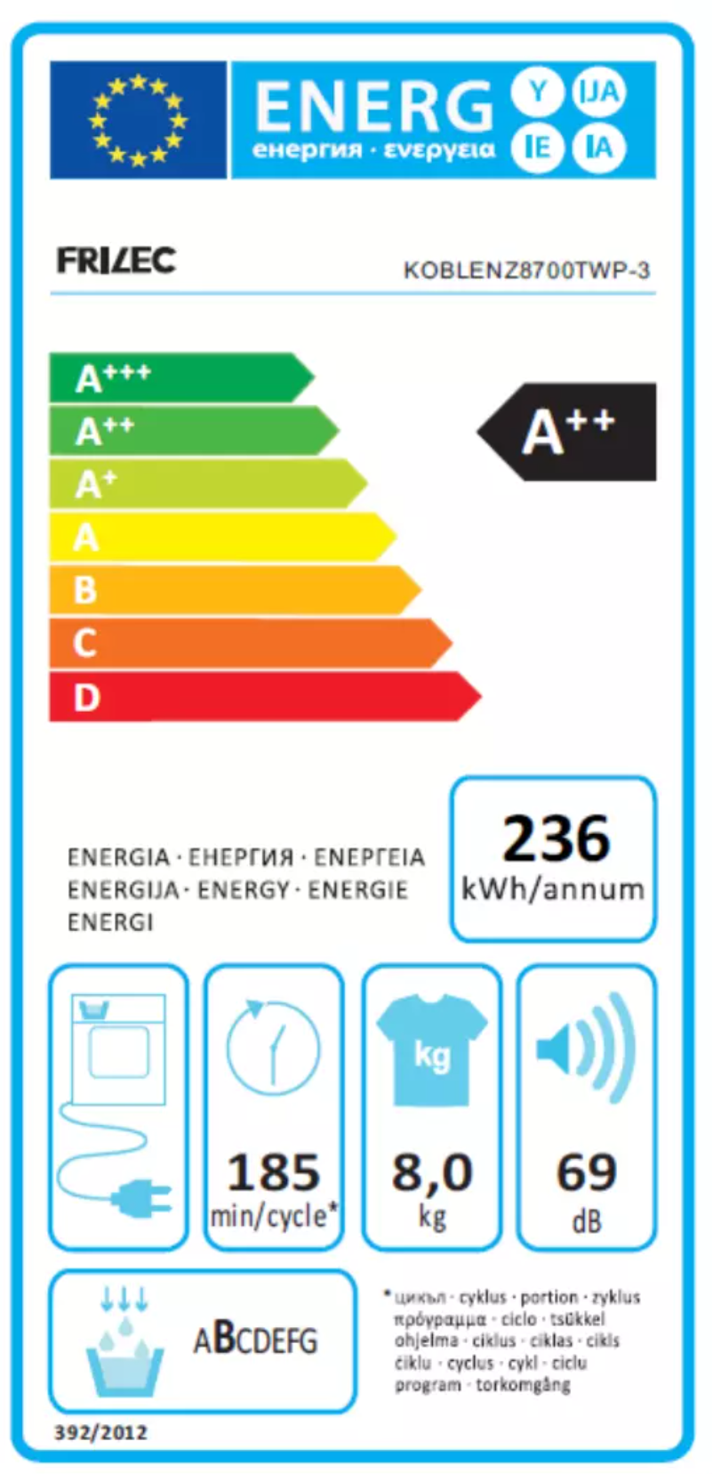 Page 1 of the manual Energy Label Frilec KOBLENZ8700TWP-3
