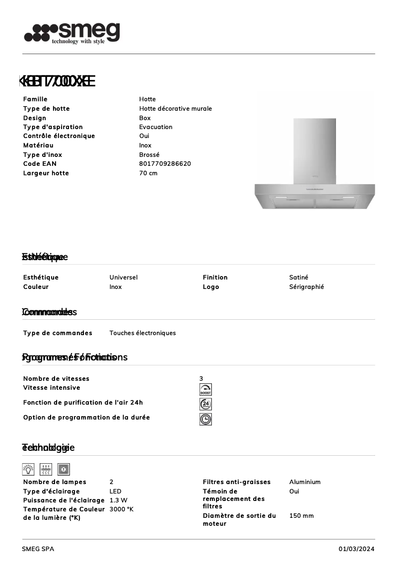 Page n°1 - Fiche technique Smeg KBT700XE