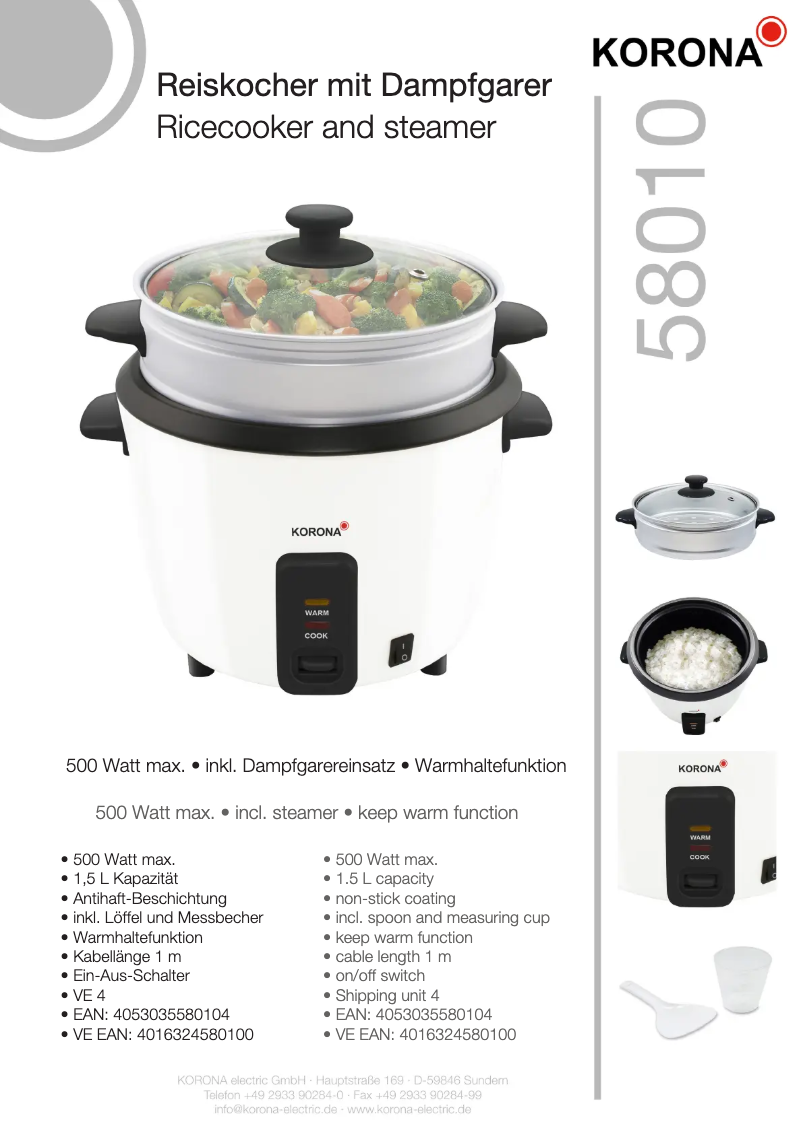 Page 1 de la notice Fiche technique Korona 58010