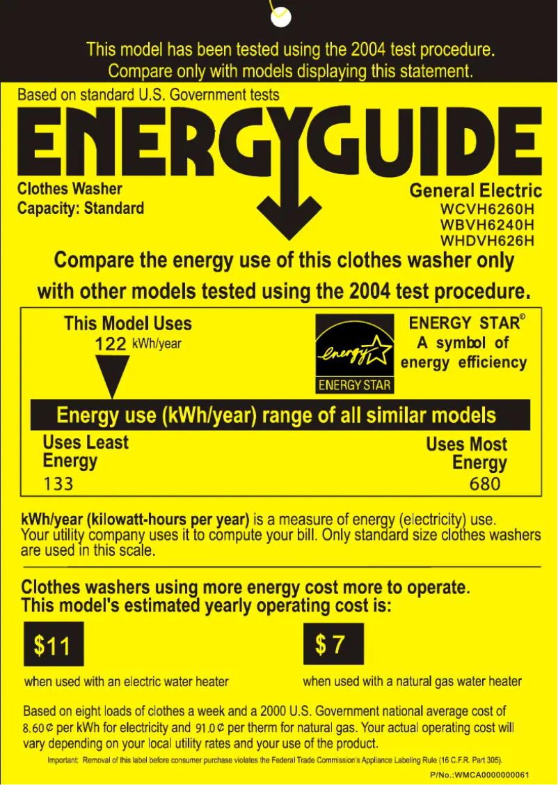 Page 1 de la notice Label énergétique GE WCVH6260HWW