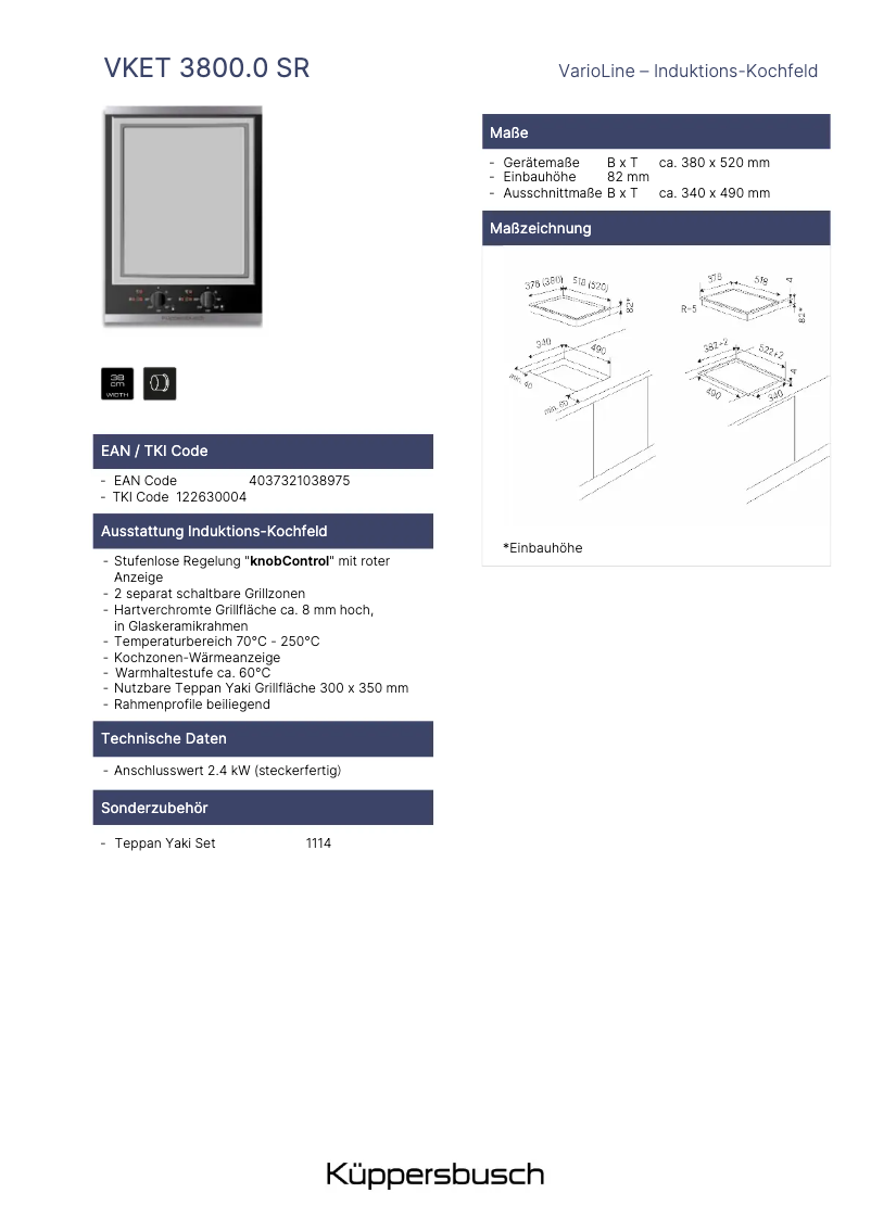 Página 1 del manual Ficha técnica Küppersbusch VKET3800.0