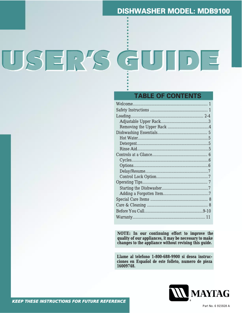 Page n°1 - Manuel utilisateur Maytag MDB9100
