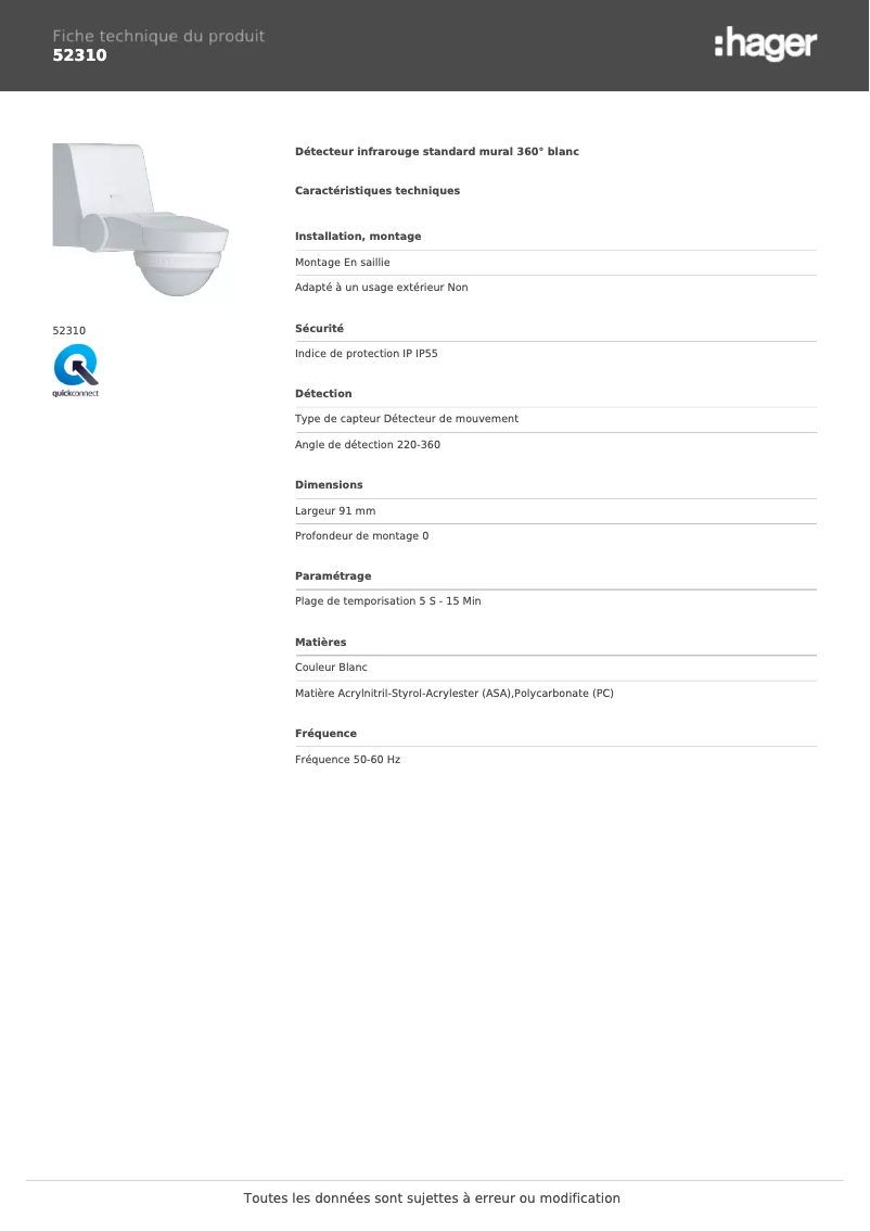 Page 1 de la notice Fiche technique Hager 52310