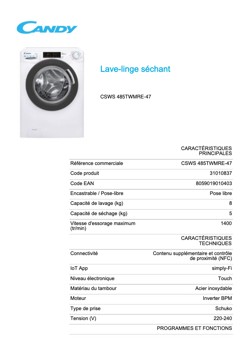 Page 1 de la notice Fiche technique Candy CSWS 485TWMRE-47