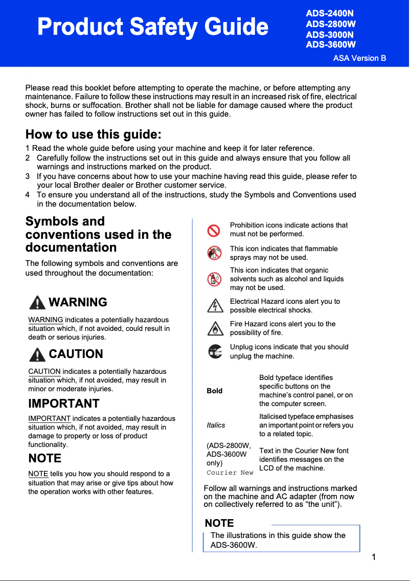 Page 1 of the manual Safety Instructions Brother ADS-3000N