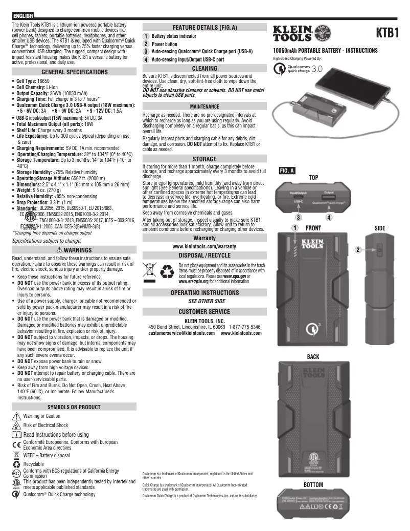 Page 1 de la notice Manuel utilisateur Klein Tools KTB1