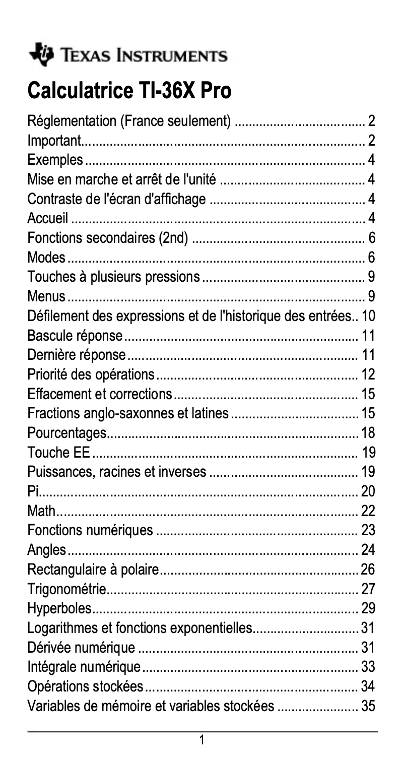 Page 1 de la notice Manuel utilisateur Texas Instruments TI-36X Pro