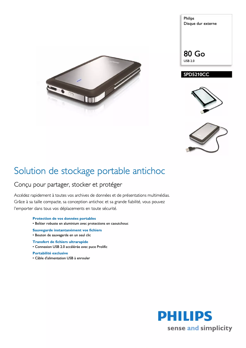 Page 1 de la notice Fiche technique Philips SPD5210CC