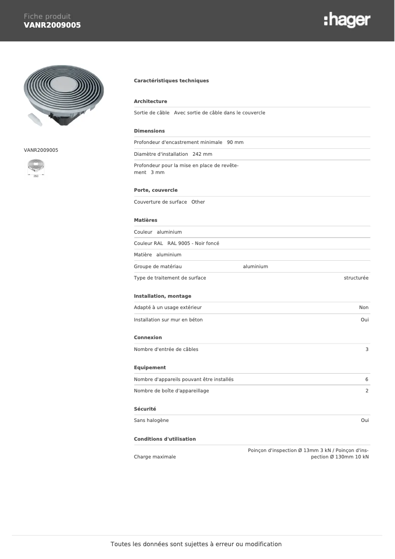 Page 1 de la notice Manuel utilisateur Hager VANR2009005