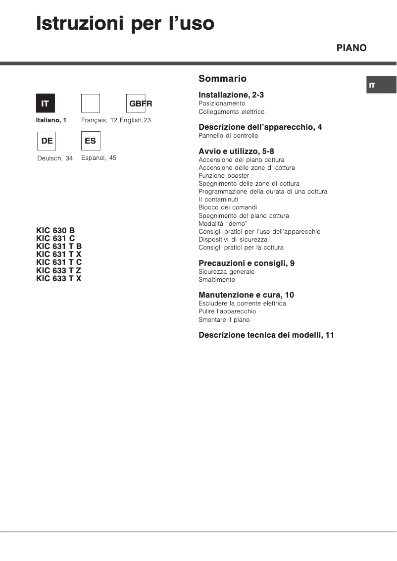 Page 1 de la notice Manuel utilisateur Hotpoint Ariston KIC 631 TX
