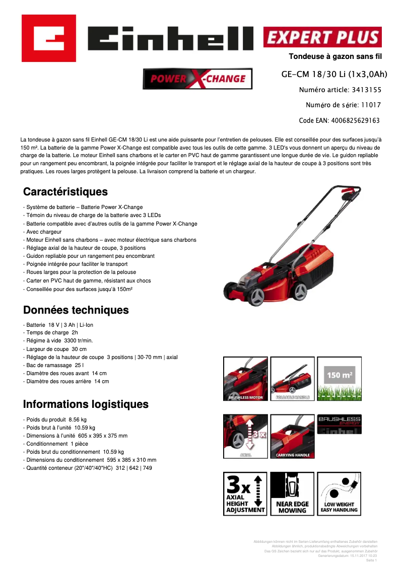 Page n°1 - Fiche technique Einhell GE-CM 18/30 Li 