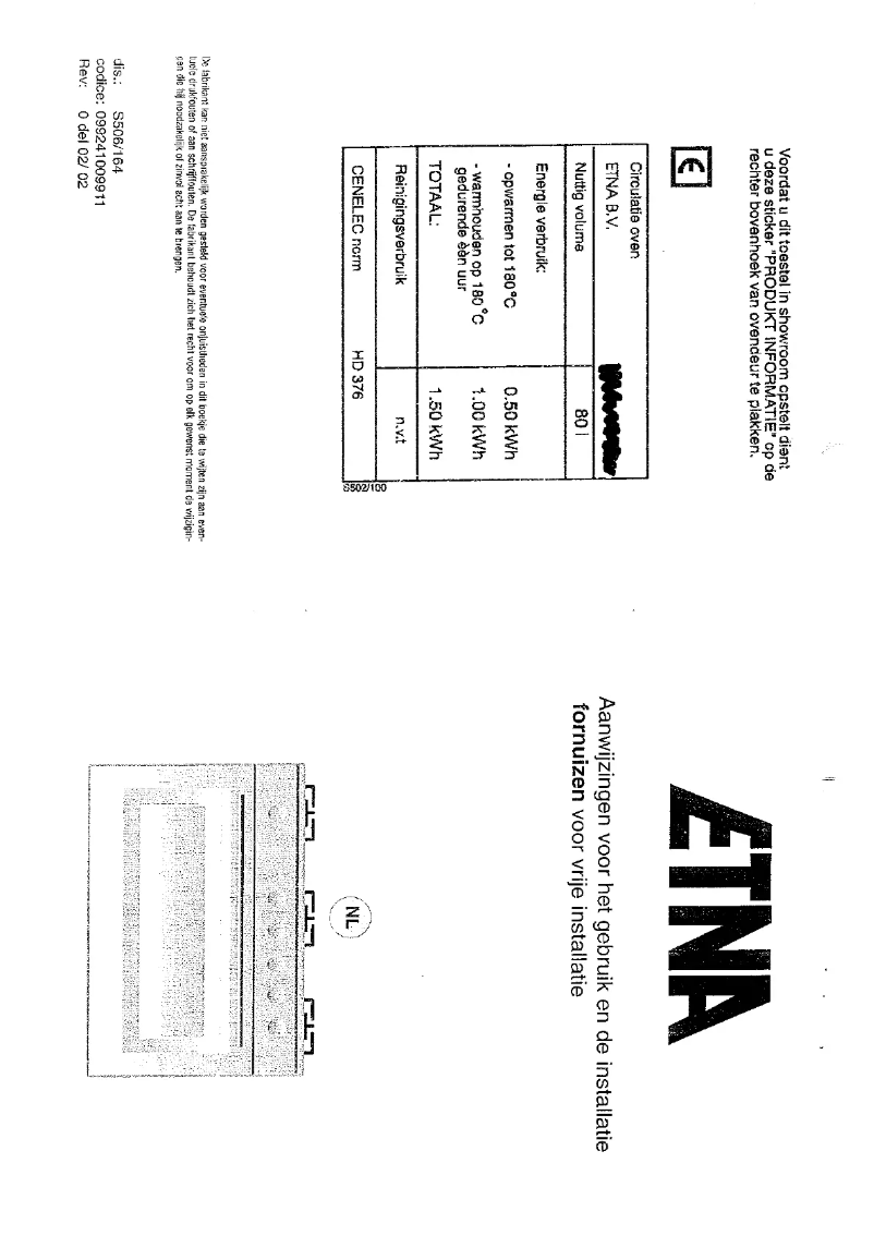 Page 1 de la notice Manuel utilisateur Etna 1909VWRVS