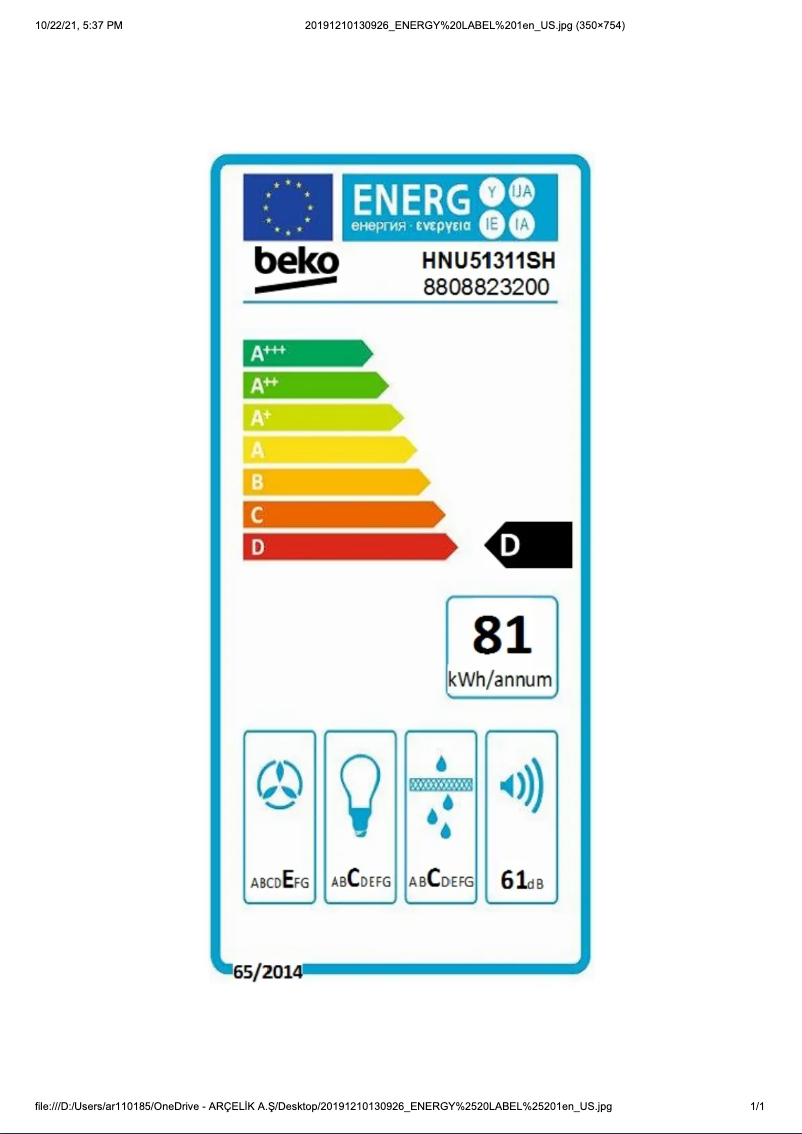 Page n°1 - Label énergétique Beko HNU51311SH