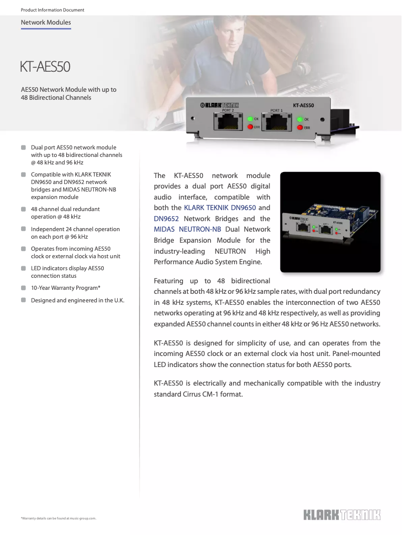 Page 1 de la notice Fiche technique Klark Teknik KT-AES50