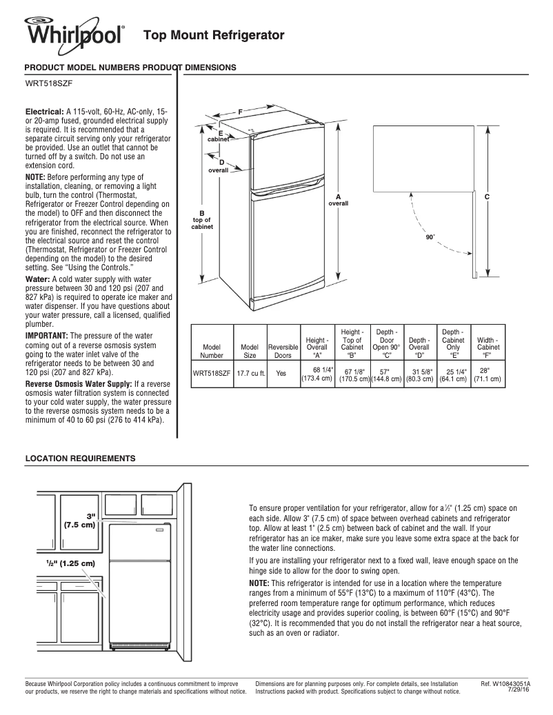 Página 1 del manual Dibujo técnico Whirlpool WRT518SZFB