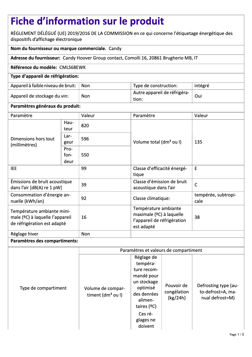 Page 1 de la notice Fiche technique Candy CMLS68EWK