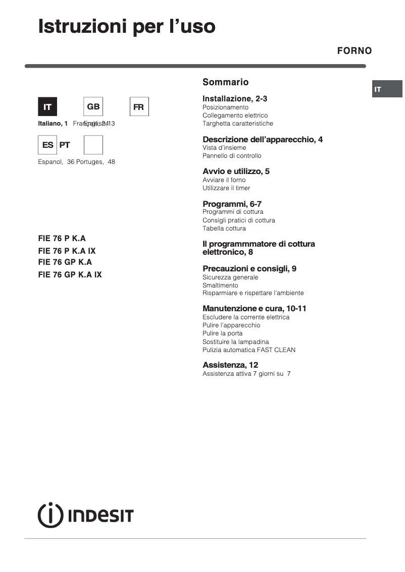 Page 1 de la notice Manuel utilisateur Indesit FIE 76 GP K.A (BK)