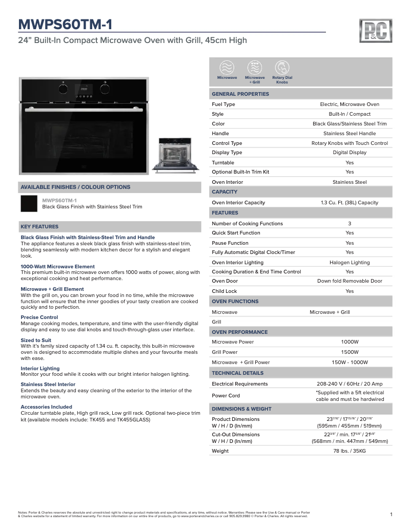 Página 1 del manual Ficha técnica Porter & Charles MWPS60TM-1