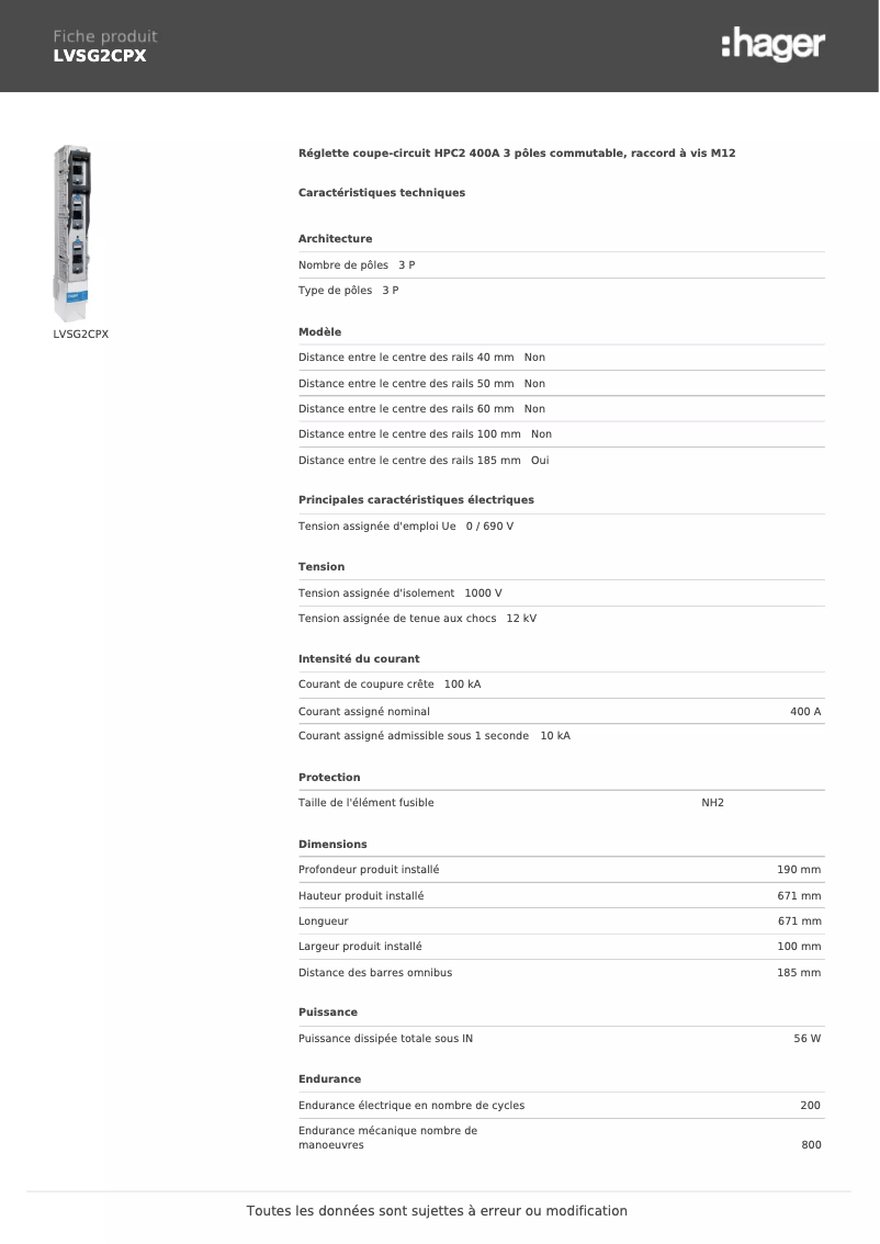 Page 1 de la notice Manuel utilisateur Hager LVSG2CPX