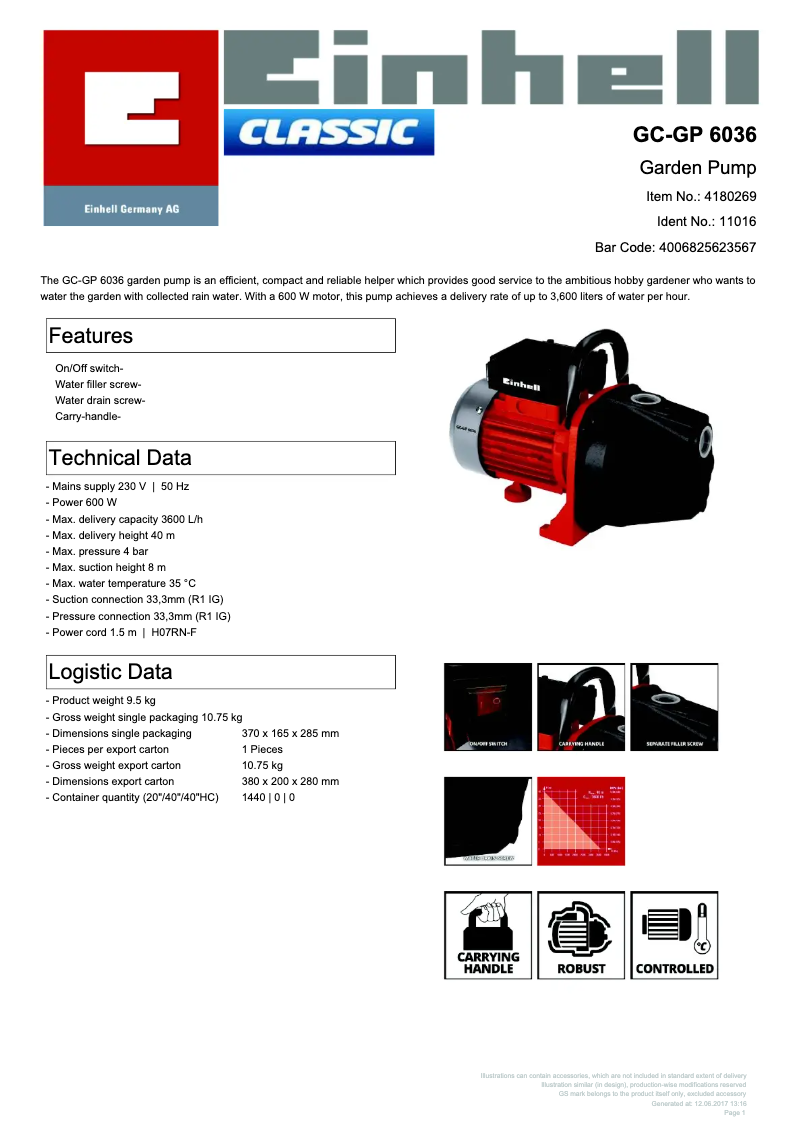 Page 1 de la notice Fiche technique Einhell GC-GP 6036