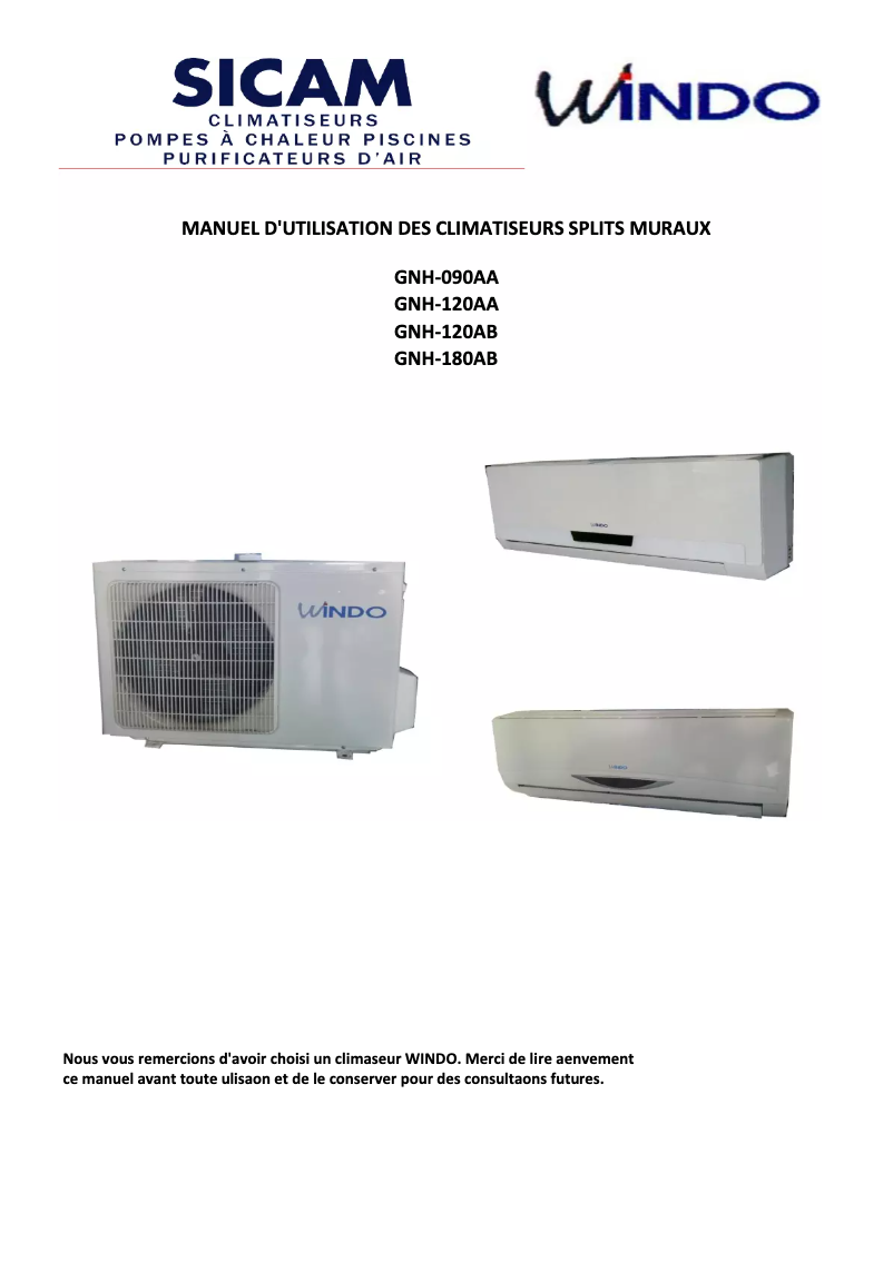 Page n°1 - Manuel utilisateur Windo GNH-180AB
