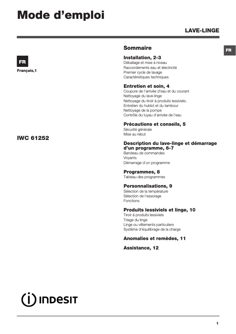 Page n°1 - Manuel utilisateur Indesit IWC 61252 C FR