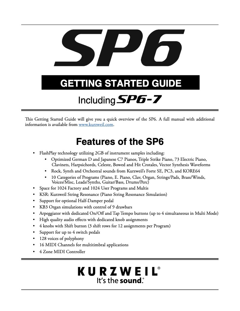 Page 1 de la notice Manuel utilisateur Kurzweil SP6-7