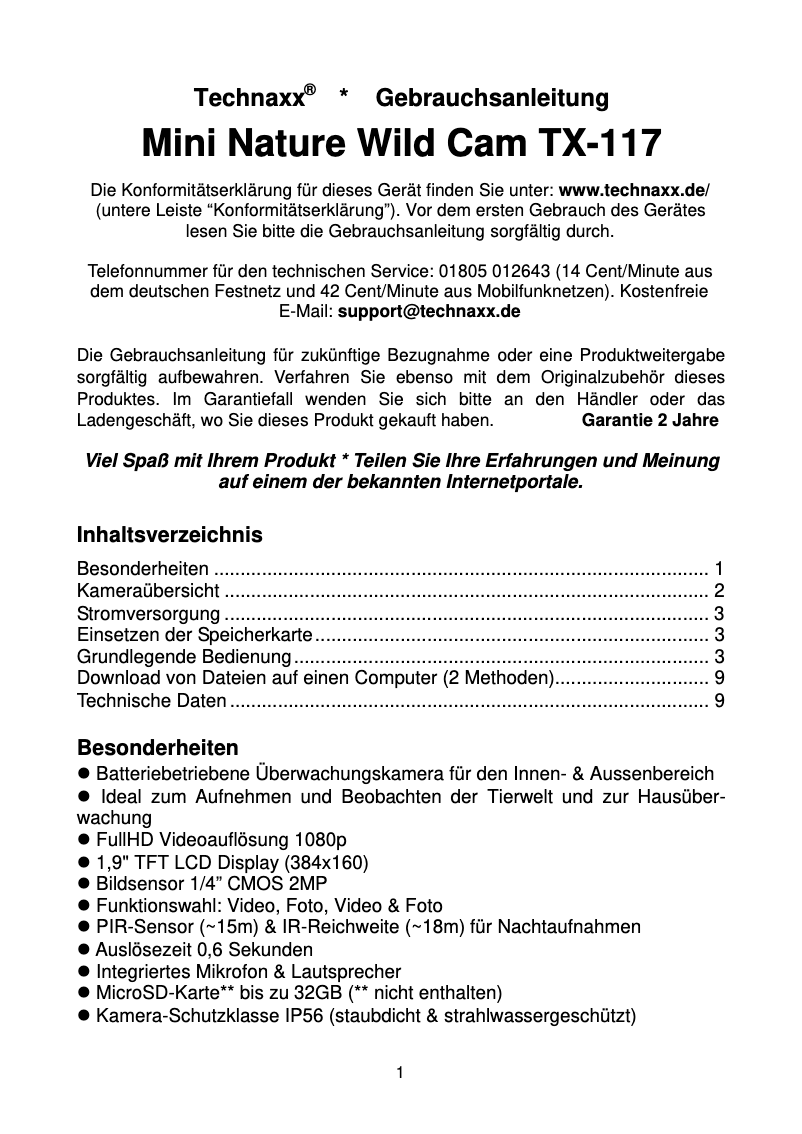 Page 1 de la notice Manuel utilisateur Technaxx Mini Nature Wild Cam TX-117