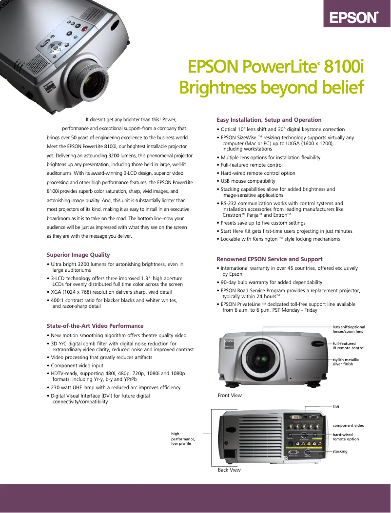 Page 1 de la notice Fiche technique Epson PowerLite 8100i