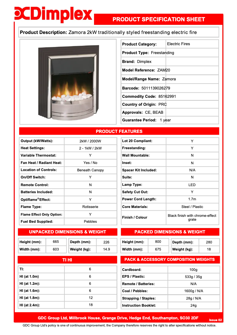 Page 1 de la notice Fiche technique Dimplex ZAM20