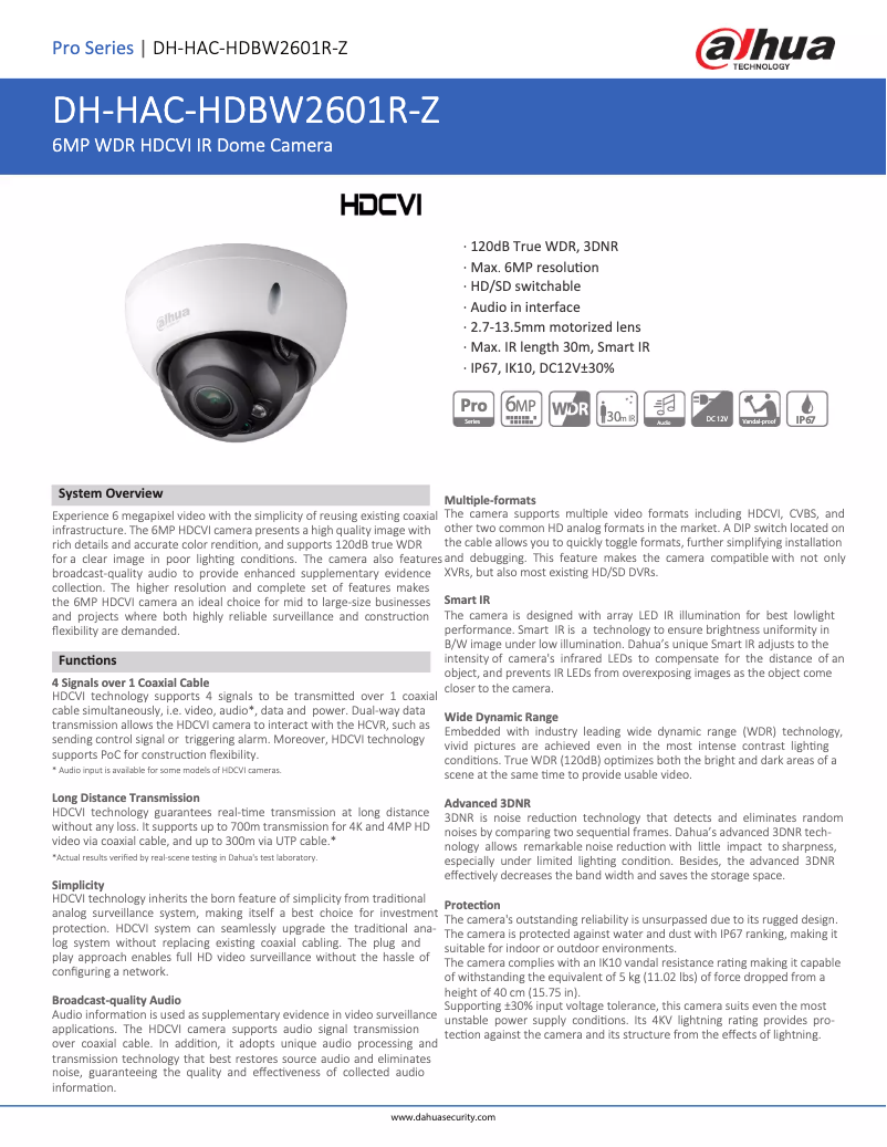 Page n°1 - Fiche technique Dahua Technology HAC-HDBW2601R-Z
