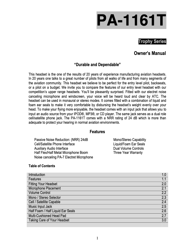 Page 1 de la notice Manuel utilisateur Pilot PA-1161H