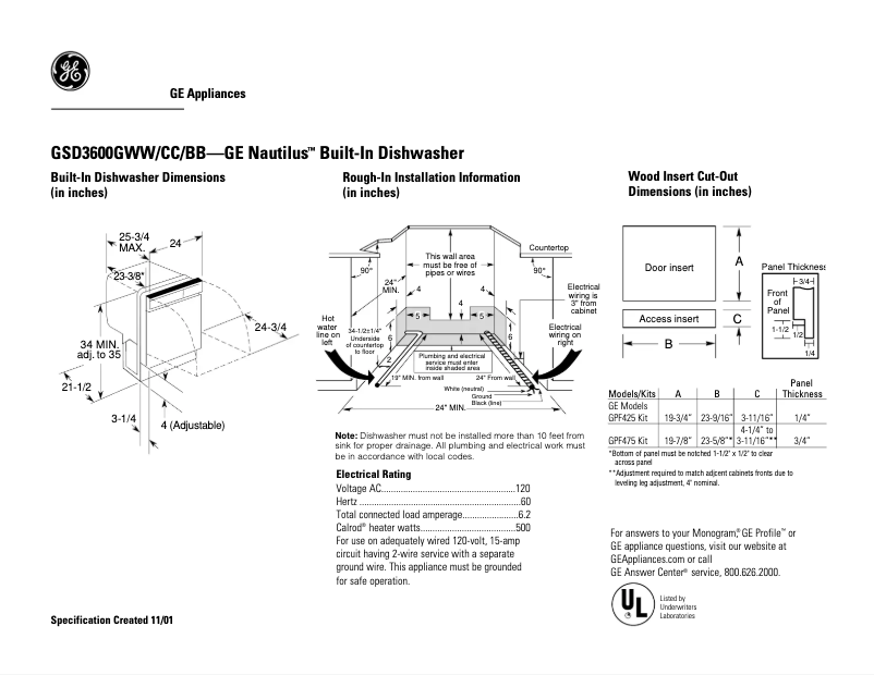Page 1 de la notice Fiche technique GE GSD3600GCC