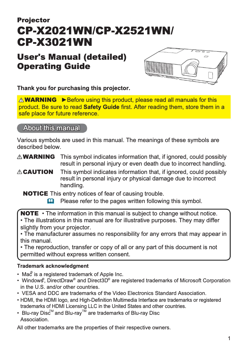 Page n°1 - Manuel utilisateur Hitachi CP-X2521WNEF