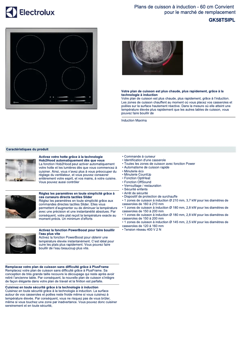 Page 1 de la notice Fiche technique Electrolux GK58TSIPL