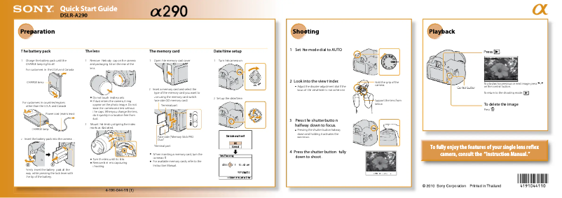 Page 1 de la notice Guide d'installation Sony Alpha DSLR-A290