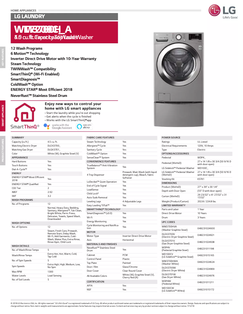 Page n°1 - Fiche technique LG WM3700HVA